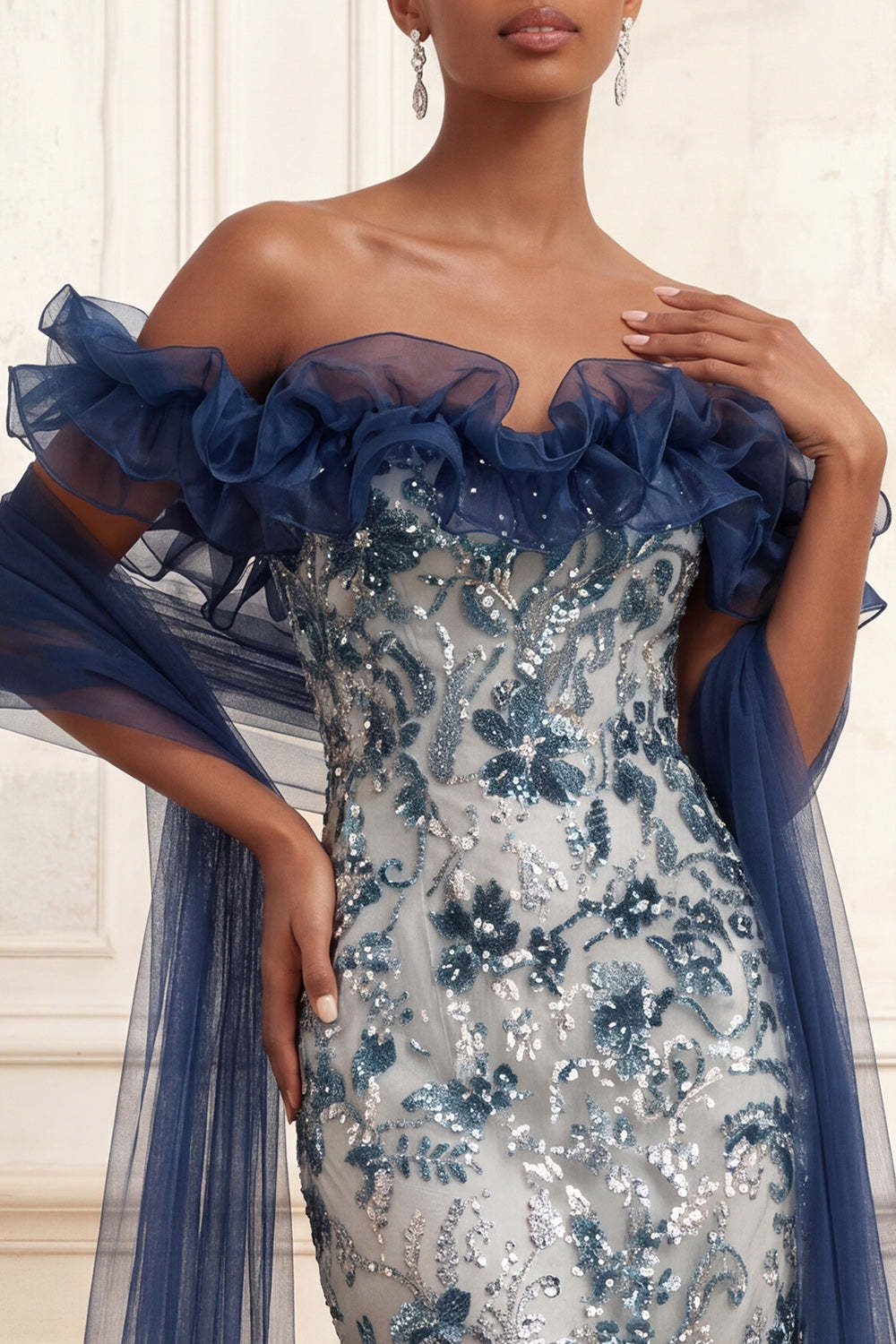 Sparkly Mermaid Floral Navy Long Prom Dress