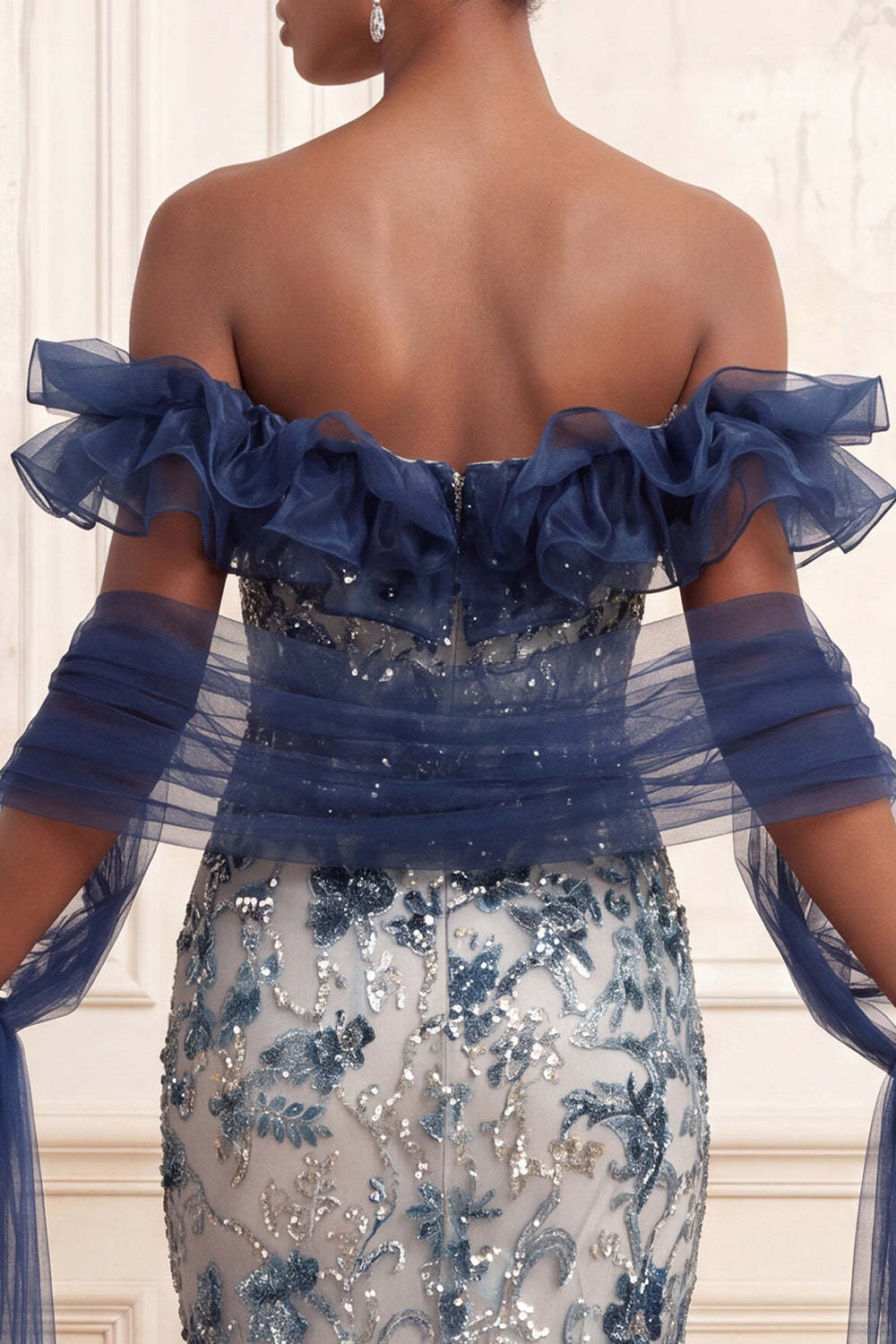 Sparkly Mermaid Floral Navy Long Prom Dress
