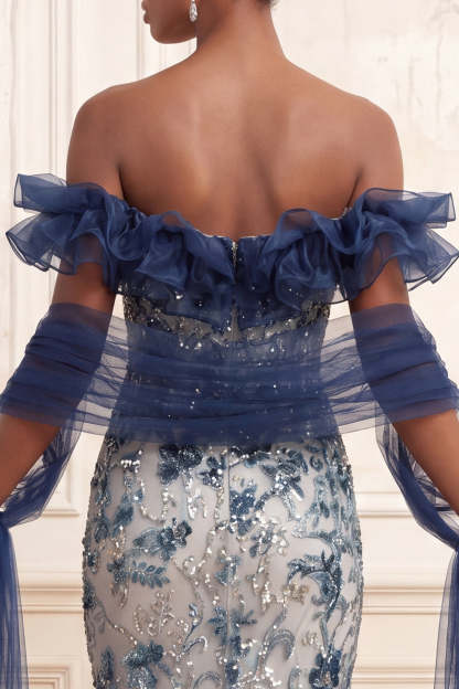 Sparkly Mermaid Floral Navy Long Prom Dress