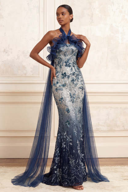 Leely Women Sparkly Backless Mermaid Floral Navy Long Prom Dress Sleeveless Sequined Halter Neck Pageant Dress