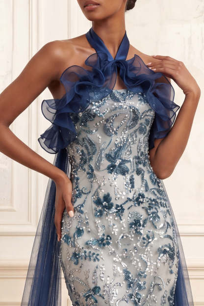 Sparkly Backless Mermaid Floral Navy Long Prom Dress