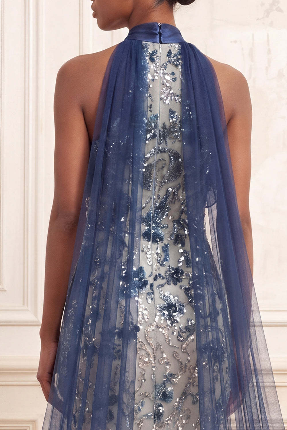 Sparkly Backless Mermaid Floral Navy Long Prom Dress