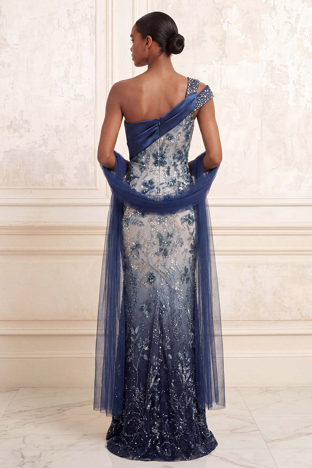 One Shoulder Sparkly Mermaid Floral Navy Long Prom Dress