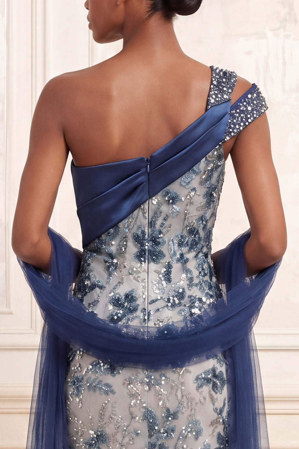 One Shoulder Sparkly Mermaid Floral Navy Long Prom Dress