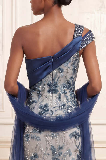 One Shoulder Sparkly Mermaid Floral Navy Long Prom Dress