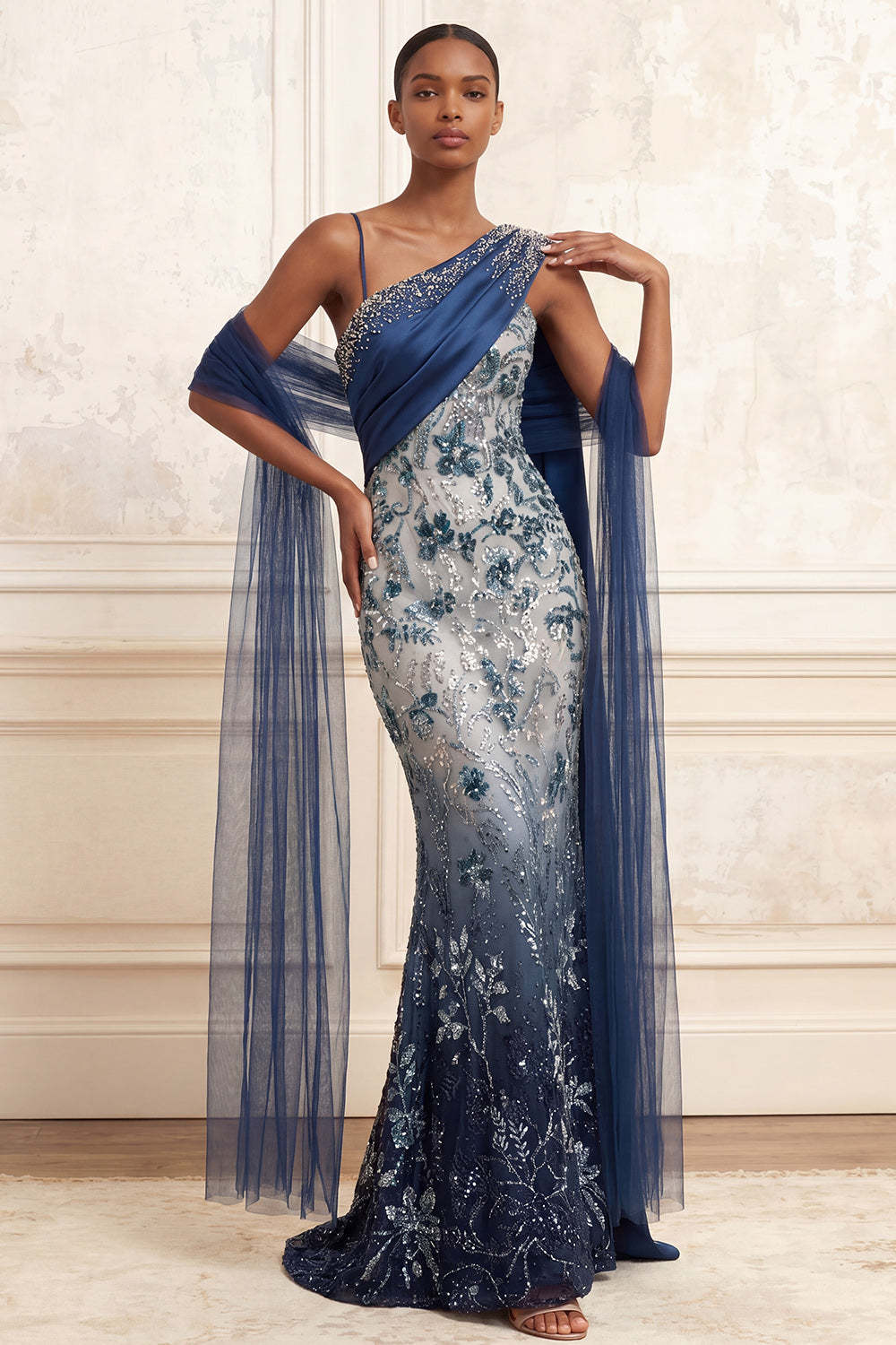 Leely Women One Shoulder Backless Mermaid Floral Navy Long Prom Dress Sparkly Sequined Sleeveless Wedding Guest Dress