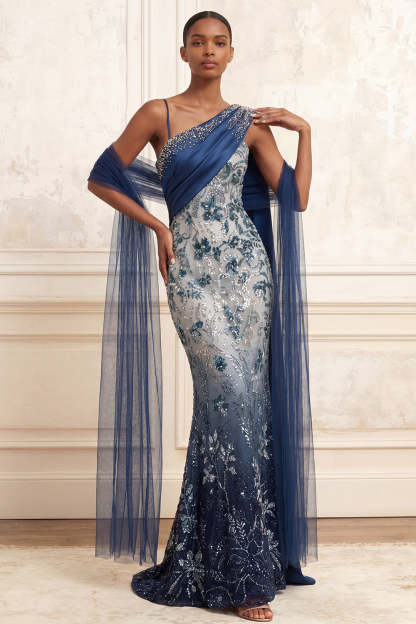 Leely Women One Shoulder Backless Mermaid Floral Navy Long Prom Dress Sparkly Sequined Sleeveless Wedding Guest Dress