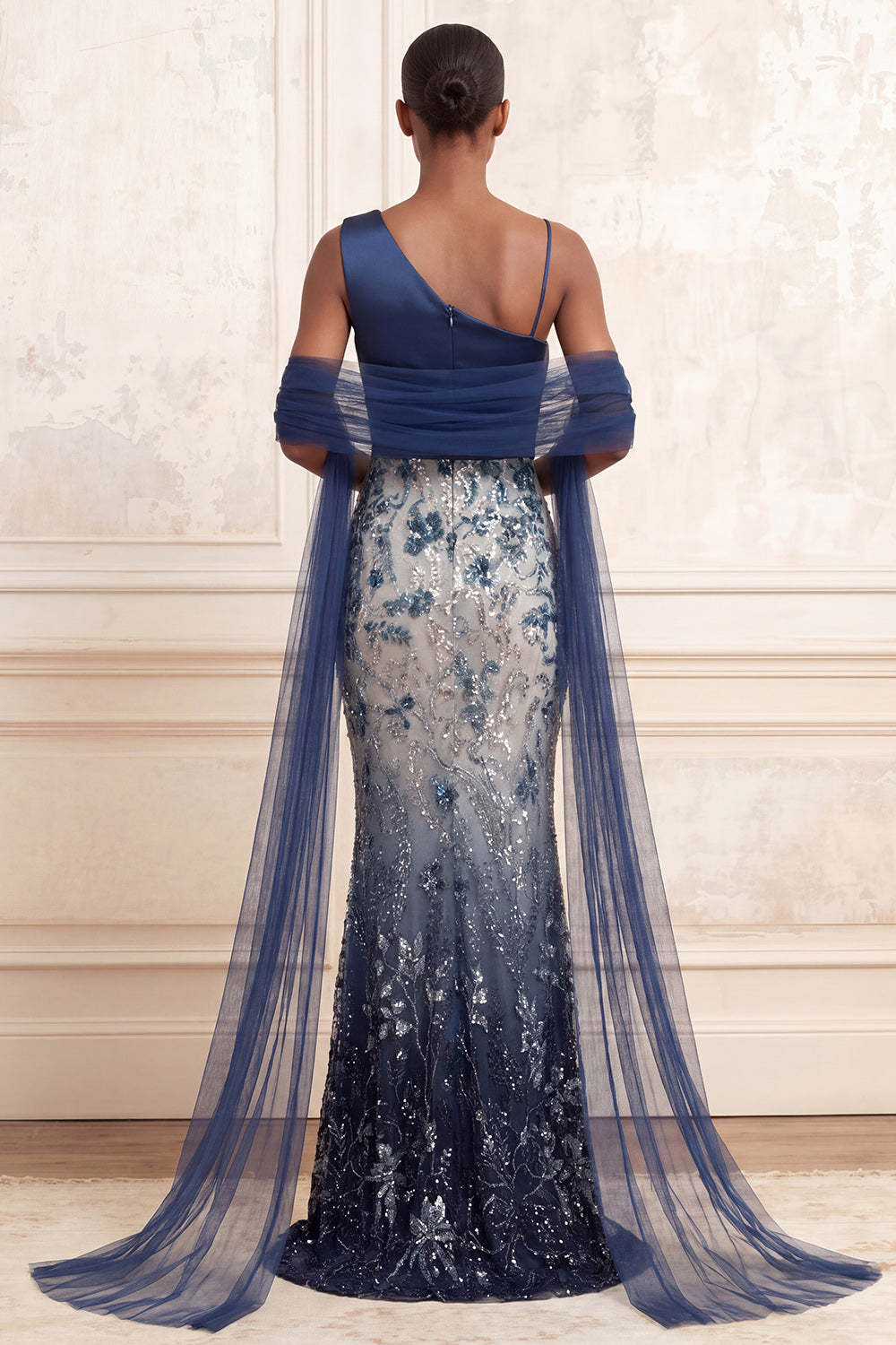 One Shoulder Backless Sparkly Mermaid Floral Navy Long Prom Dress