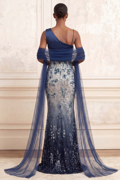 One Shoulder Backless Sparkly Mermaid Floral Navy Long Prom Dress