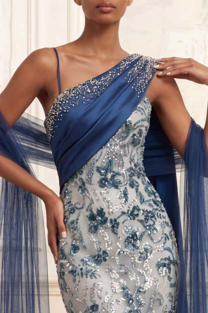 One Shoulder Backless Sparkly Mermaid Floral Navy Long Prom Dress