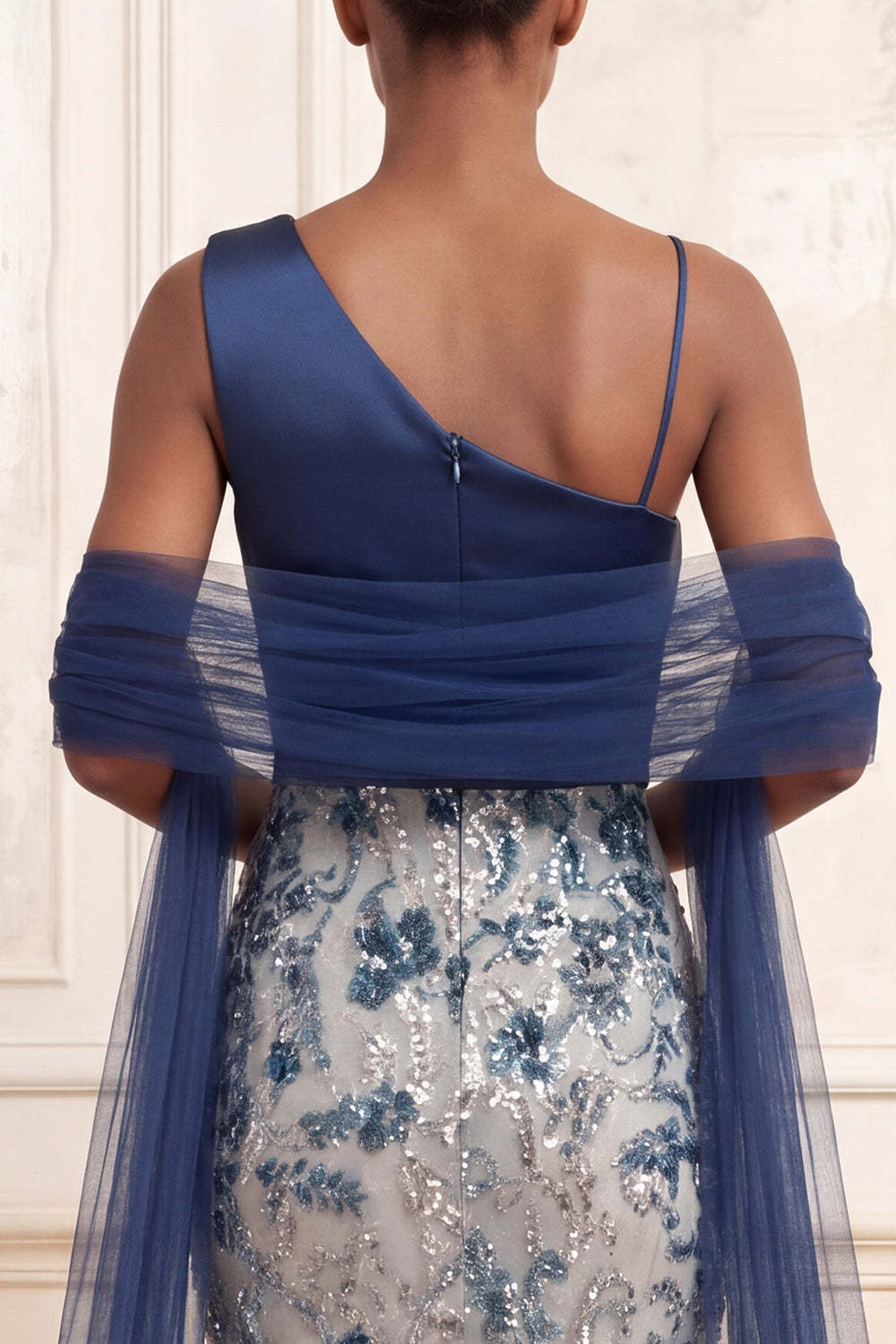 One Shoulder Backless Sparkly Mermaid Floral Navy Long Prom Dress