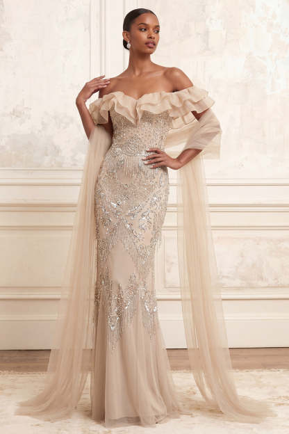 Leely Women Beaded Apricot Mermaid Ruffled Long Prom Dress Off the Shoulder Backless Pageant Dress