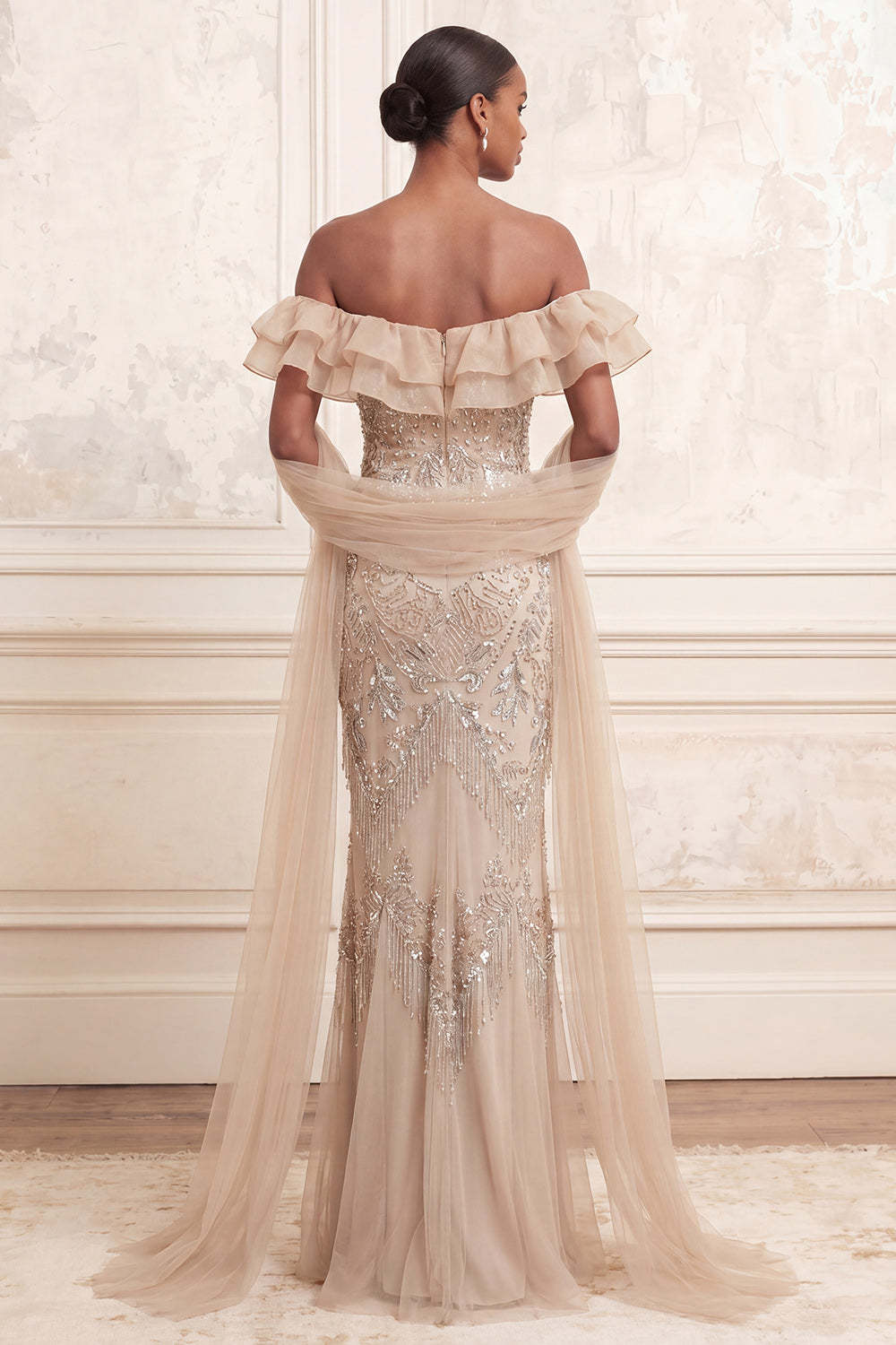 Beaded Apricot Mermaid Ruffled Long Prom Dress