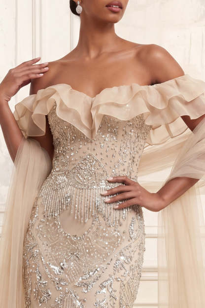 Beaded Apricot Mermaid Ruffled Long Prom Dress