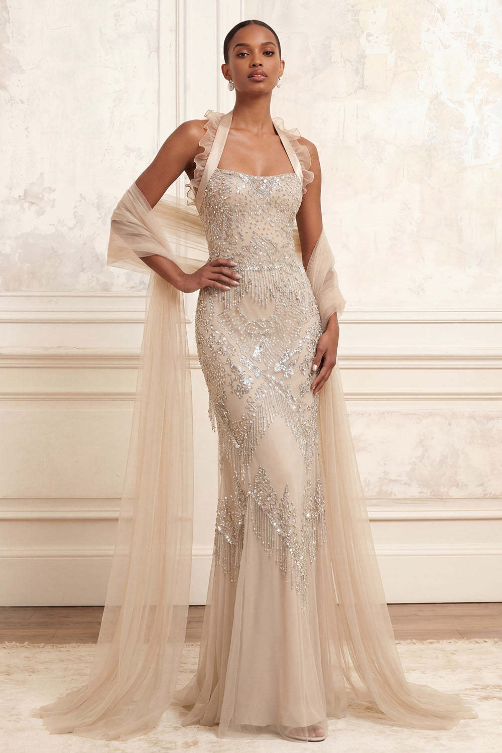 Leely Women Beaded Apricot Mermaid Halter Neck Long Prom Dress Backless Sleeveless Pageant Dress