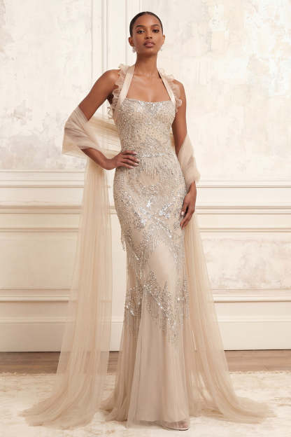 Leely Women Beaded Apricot Mermaid Halter Neck Long Prom Dress Backless Sleeveless Pageant Dress