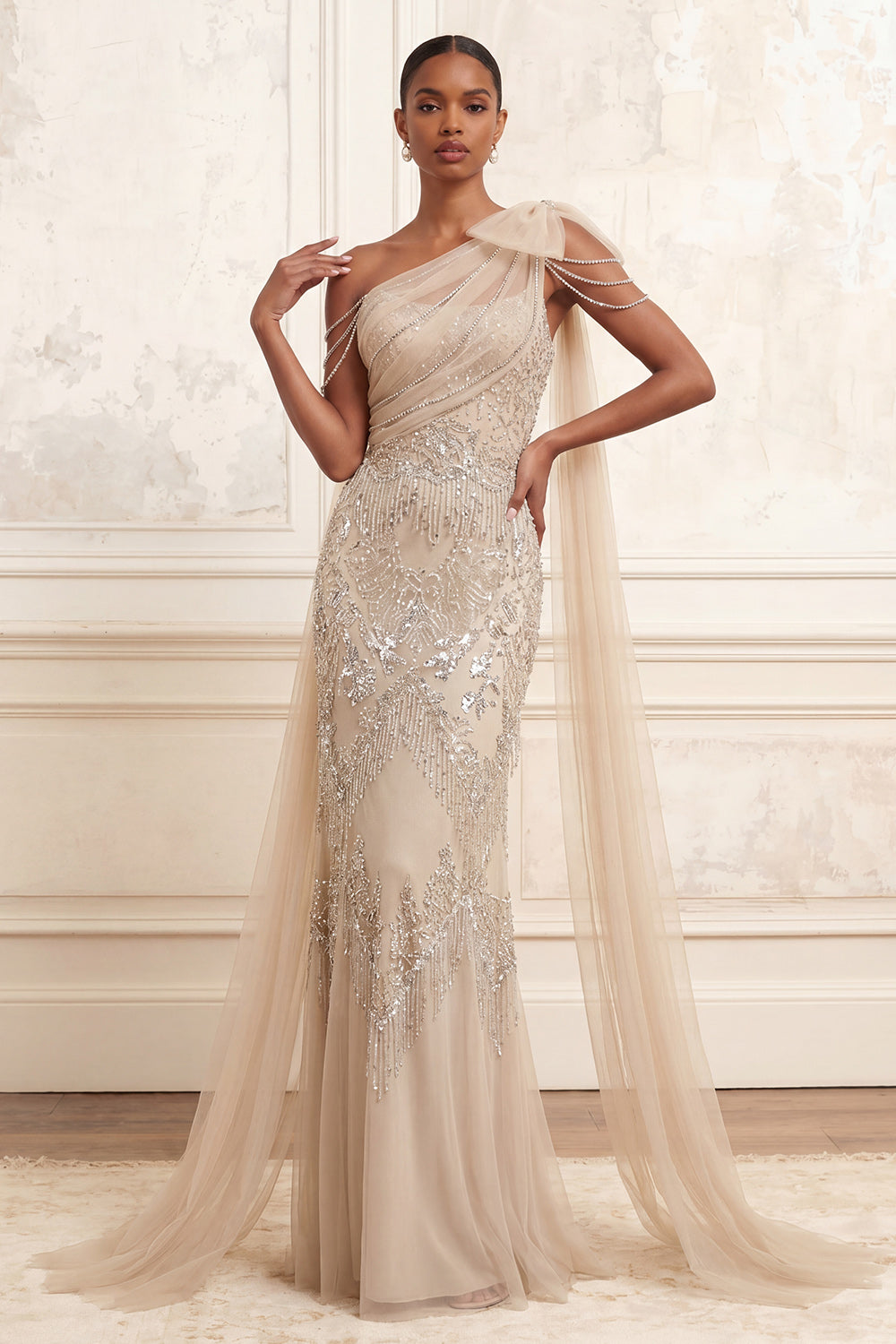 Leely Women One Shoulder Beaded Apricot Mermaid Long Prom Dress Backless Sleeveless Pageant Dress