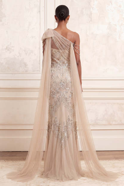 One Shoulder Beaded Apricot Mermaid Long Prom Dress