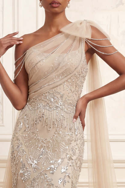 One Shoulder Beaded Apricot Mermaid Long Prom Dress