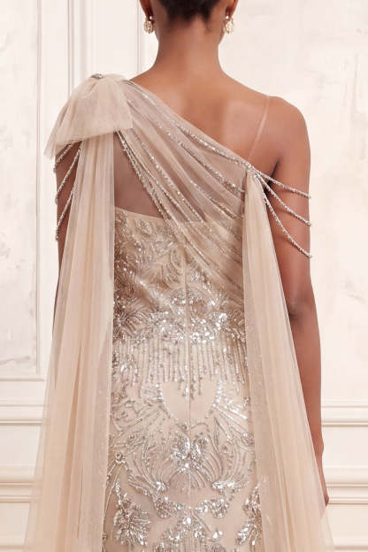 One Shoulder Beaded Apricot Mermaid Long Prom Dress