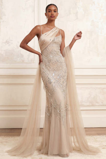 Leely Women Spaghetti Straps Backless Mermaid Apricot Long Prom Dress Sparkly Beaded Backless Pageant Dress