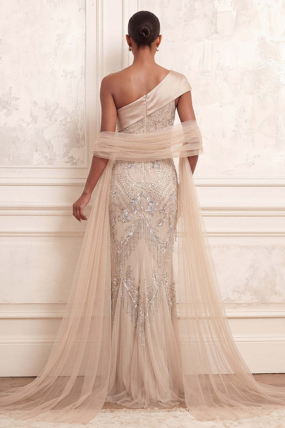 One Shoulder Backless Mermaid Apricot Long Prom Dress