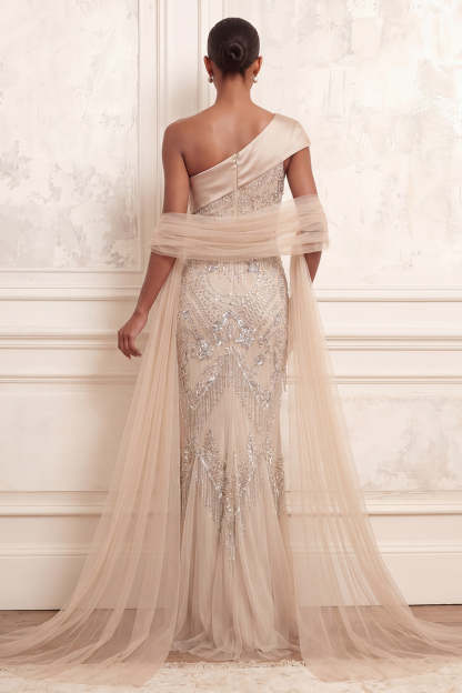 One Shoulder Backless Mermaid Apricot Long Prom Dress