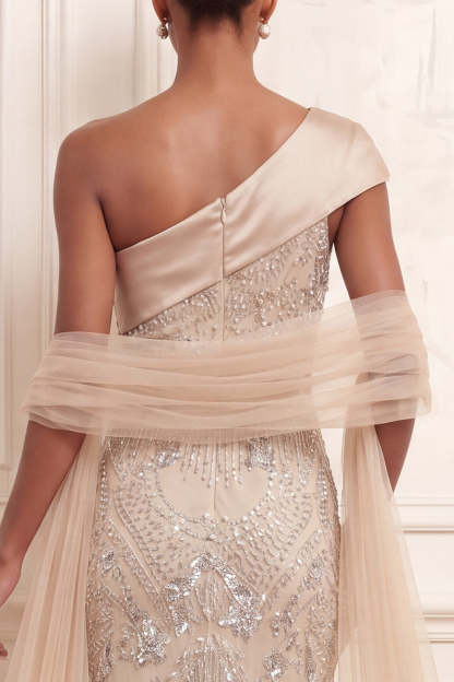 One Shoulder Backless Mermaid Apricot Long Prom Dress