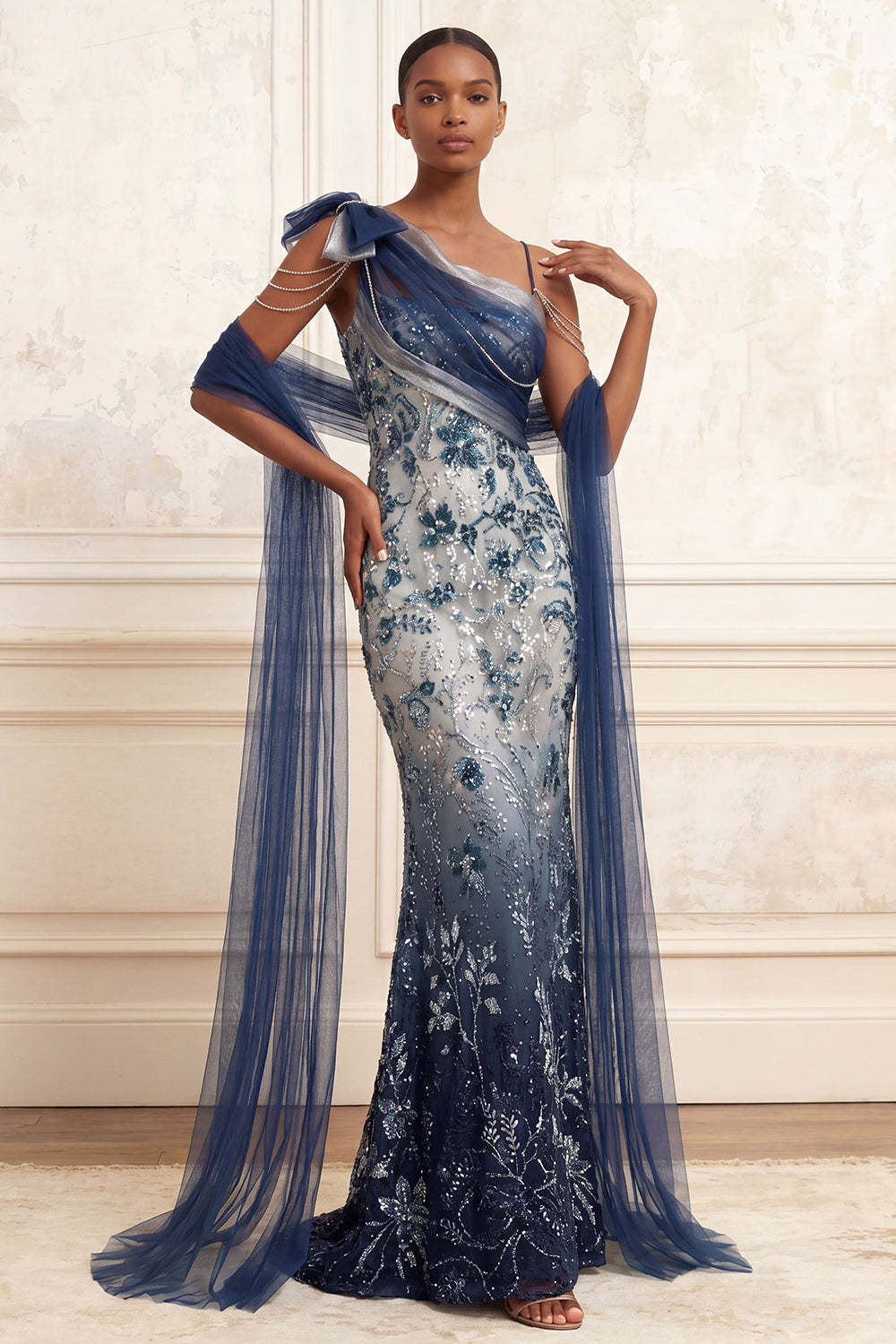 Leely Women Sparkly Navy Beaded Backless Long Prom Dress Spaghetti Straps Mermaid Sleeveless Pageant Dress