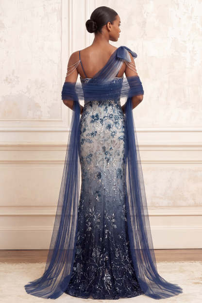 Sparkly Navy Beaded Backless Long Prom Dress