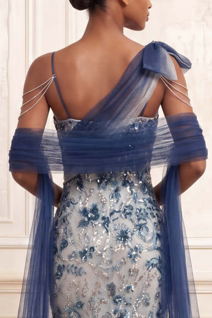 Sparkly Navy Beaded Backless Long Prom Dress