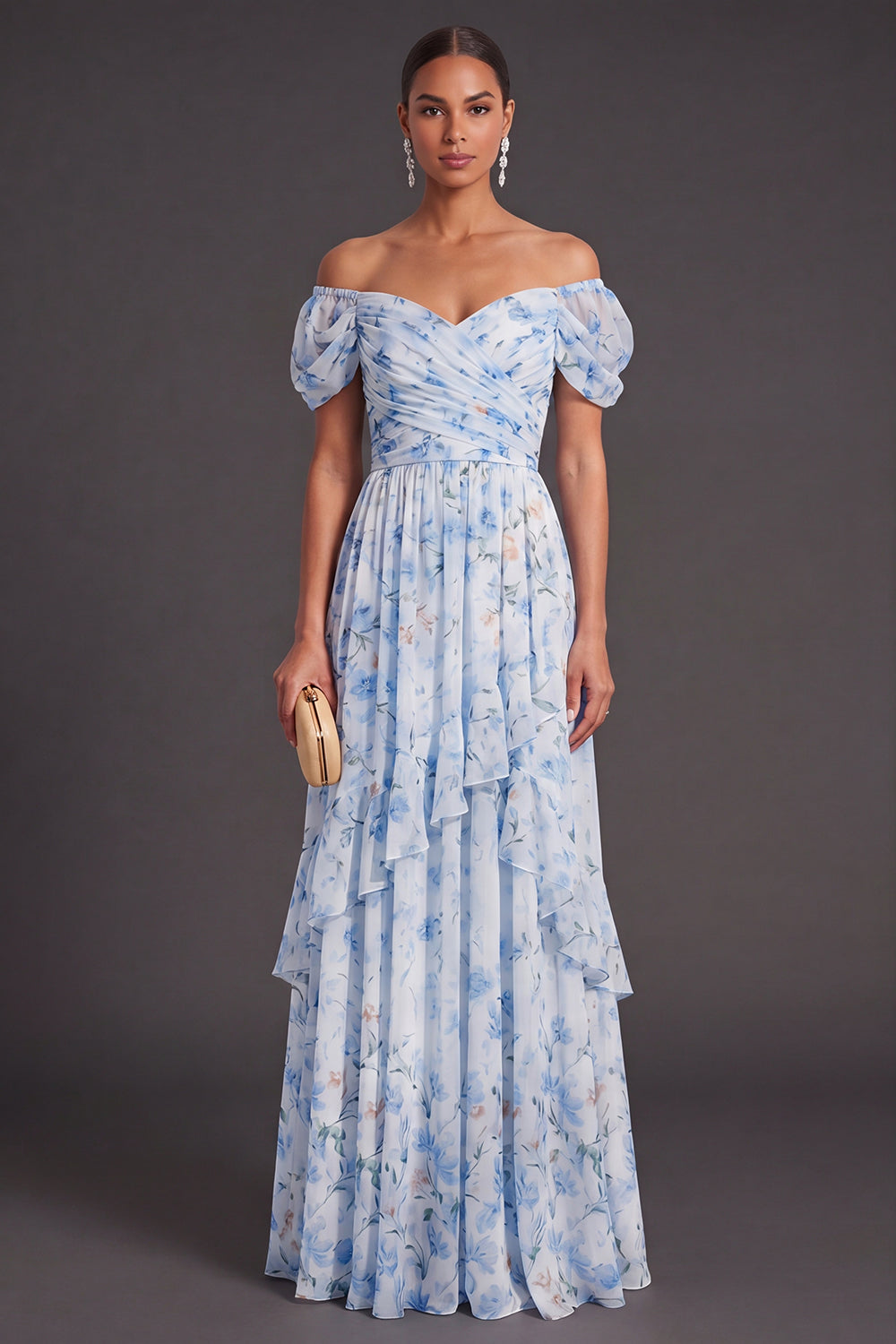 Blue Floral Off the Shoulder Ruffled Long Wedding Guest Dress