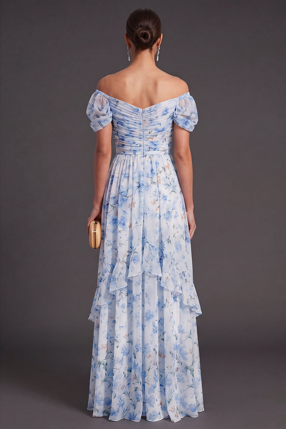 Blue Floral Off the Shoulder Ruffled Long Wedding Guest Dress