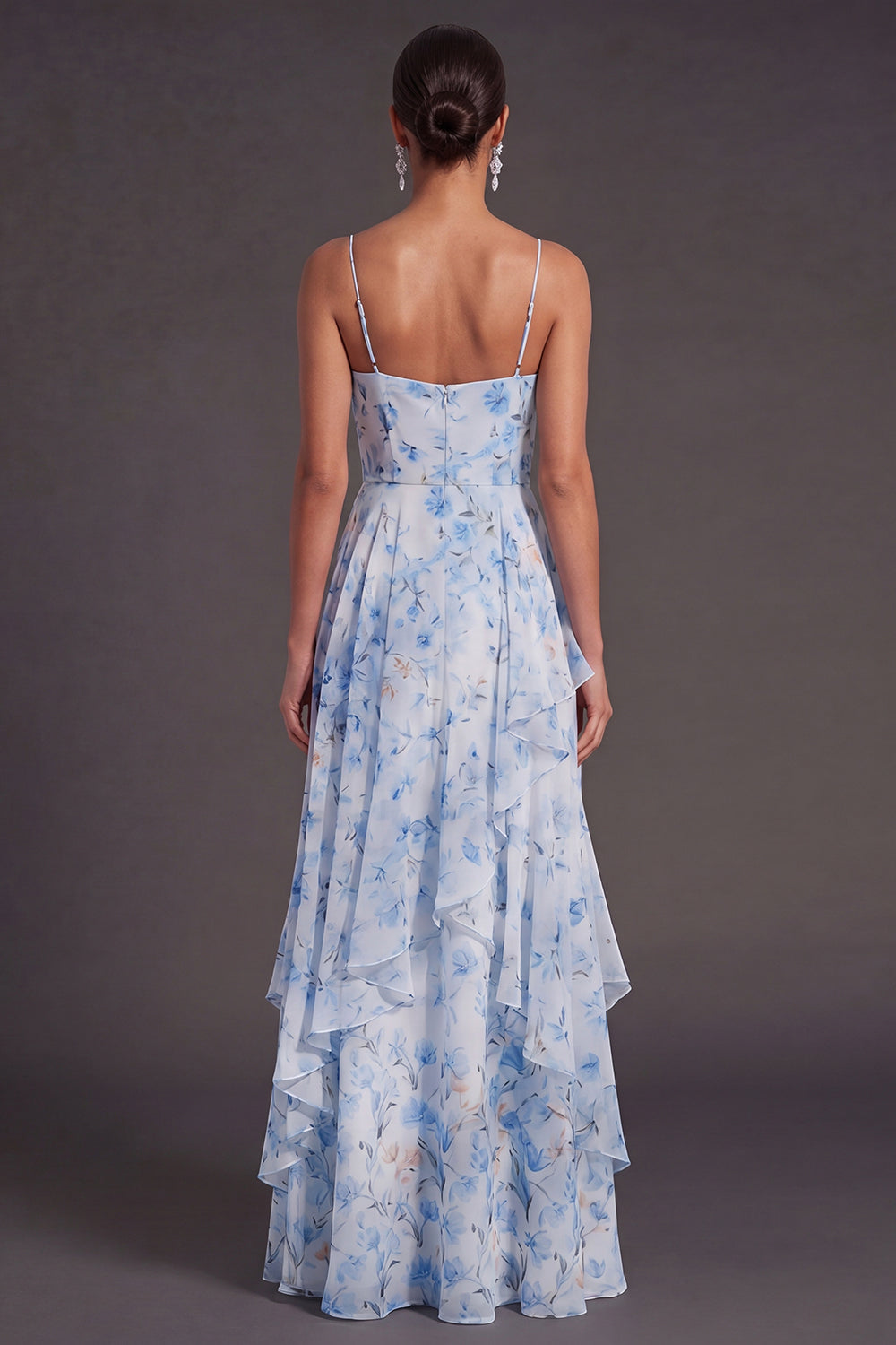 Blue Spaghetti Straps A Line Floral Long Wedding Guest Dress with Ruffles