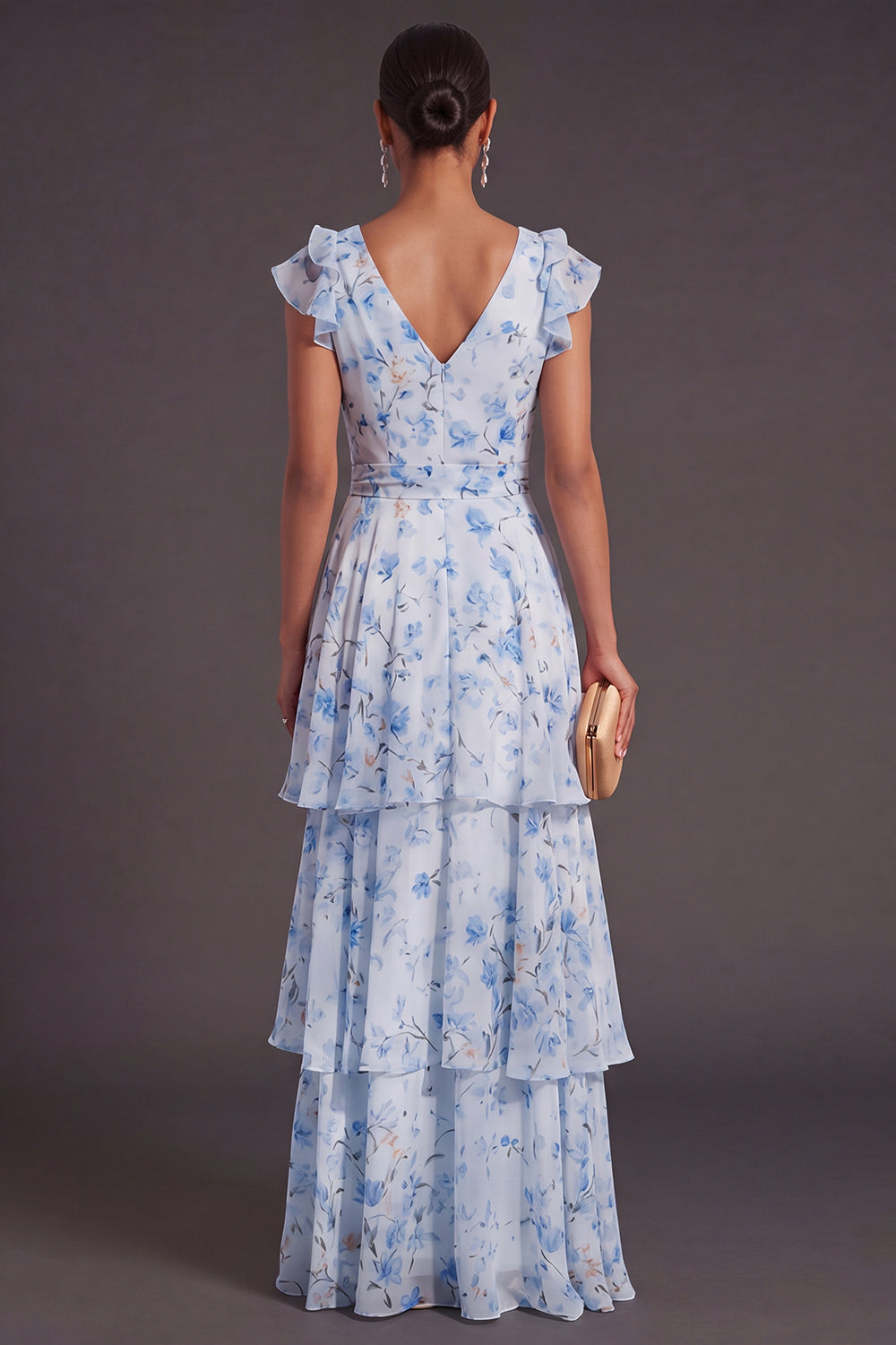 Blue Floral A Line Ruffled Long Wedding Guest Dress with Bow