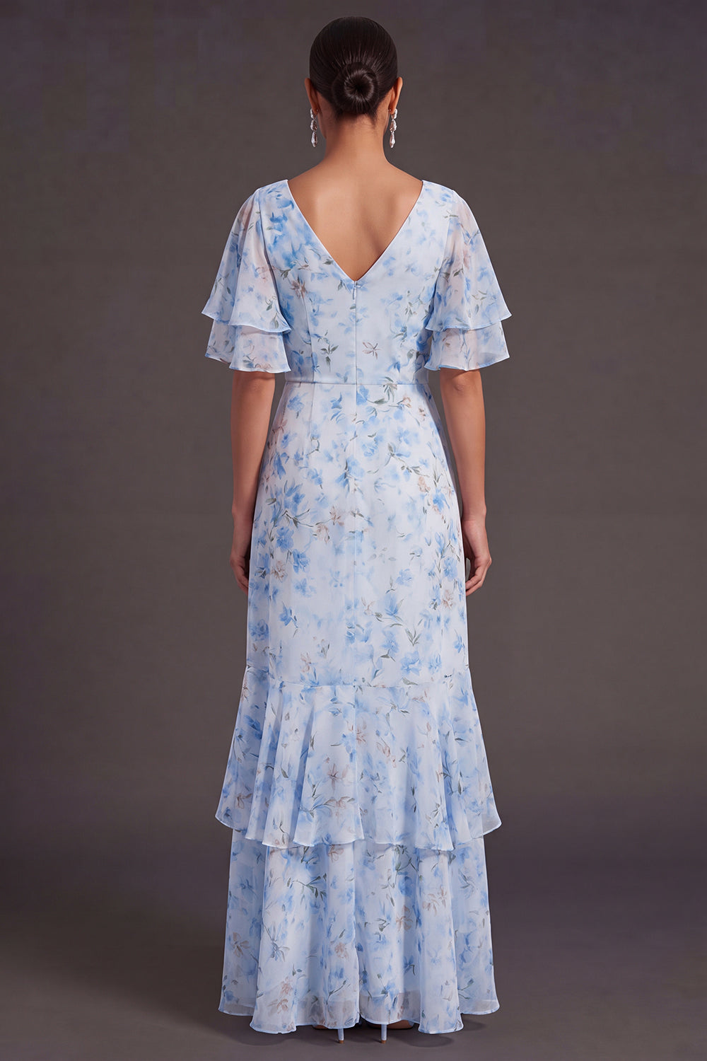 Blue A Line Ruched Floral V-Neck High Low Wedding Guest Dress with Ruffles