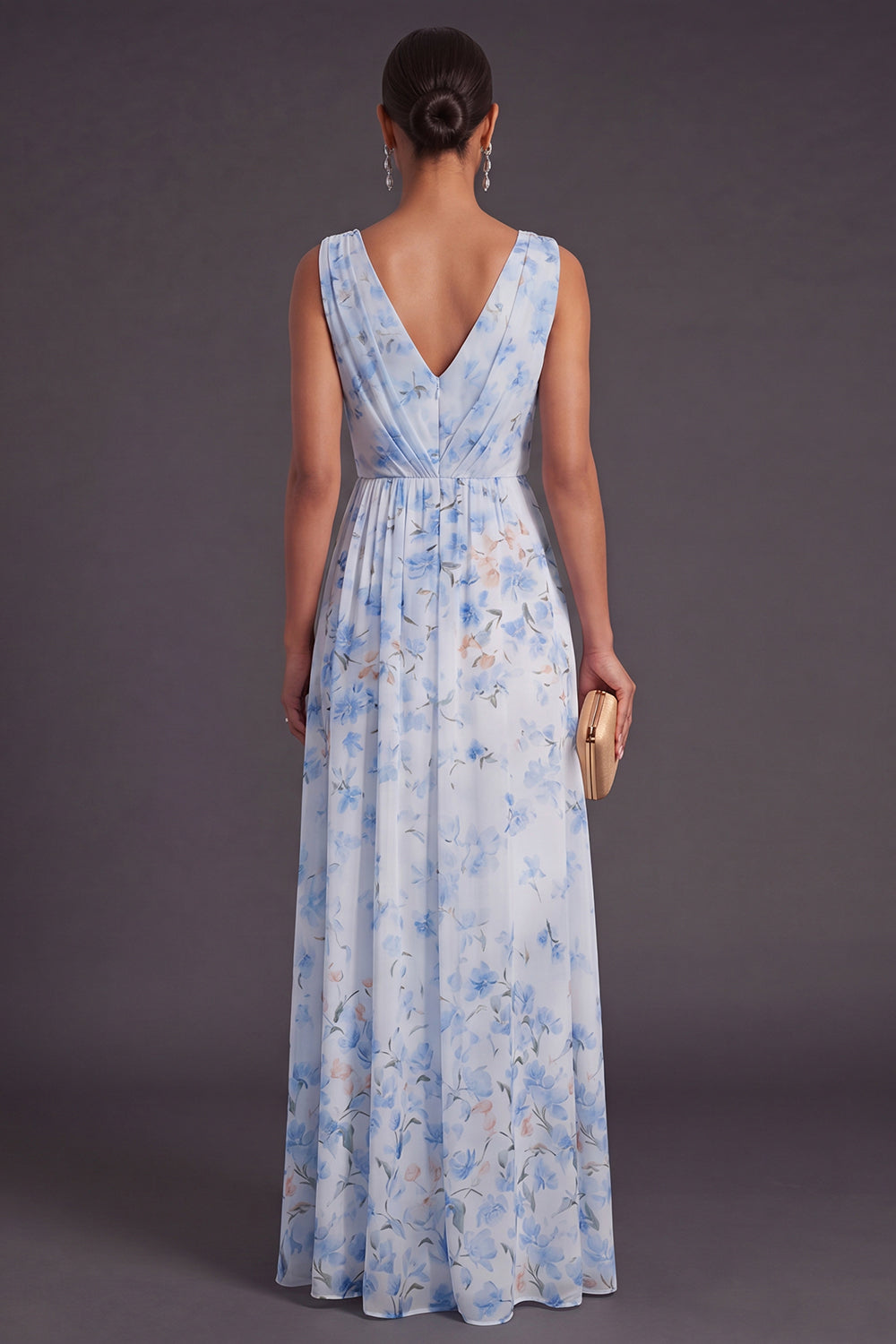 Blue A Line Floral V-Neck Long Wedding Guest Dress with Slit
