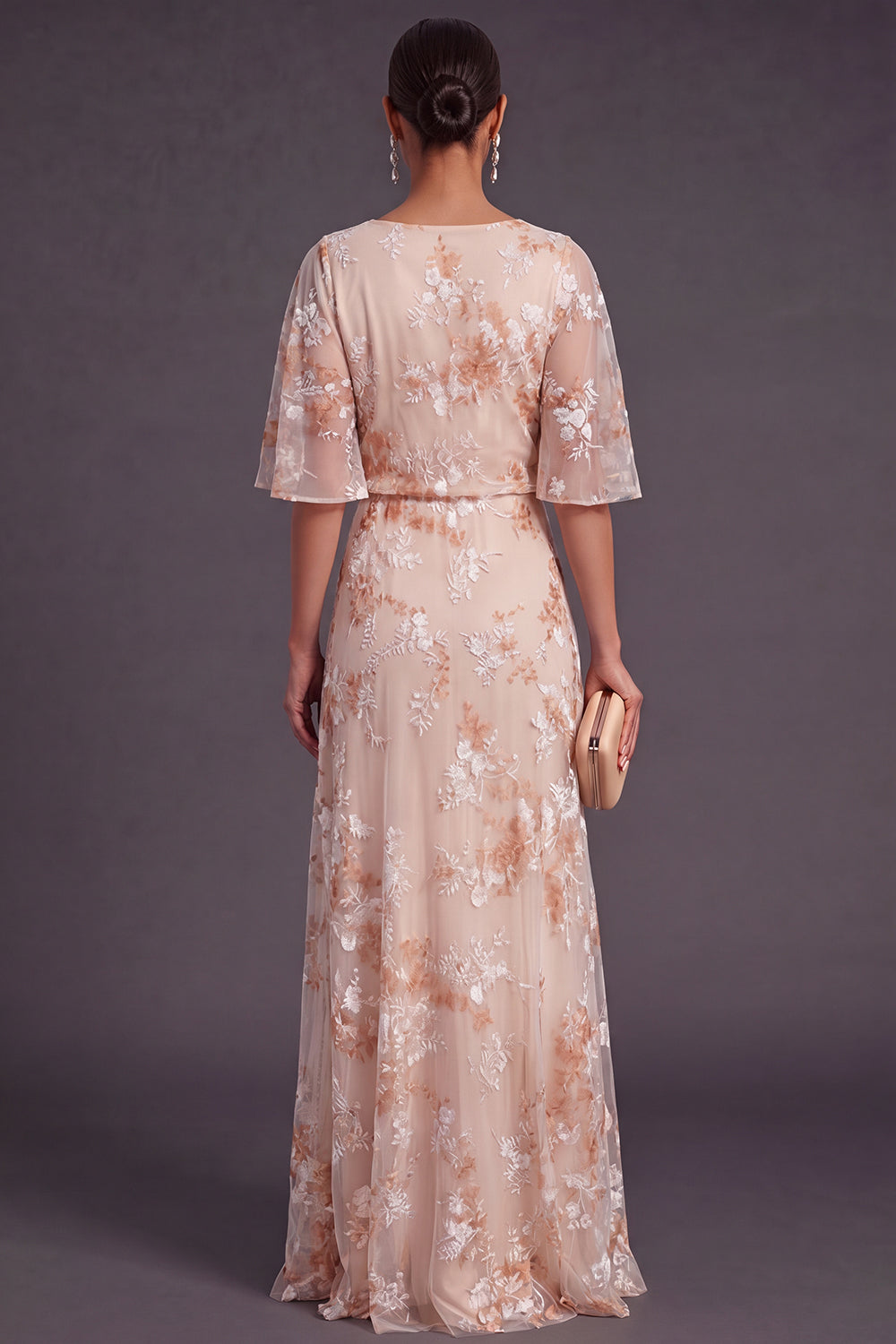 Champagne A Line Floral Ruffled Long Wedding Guest Dress with Sleeves