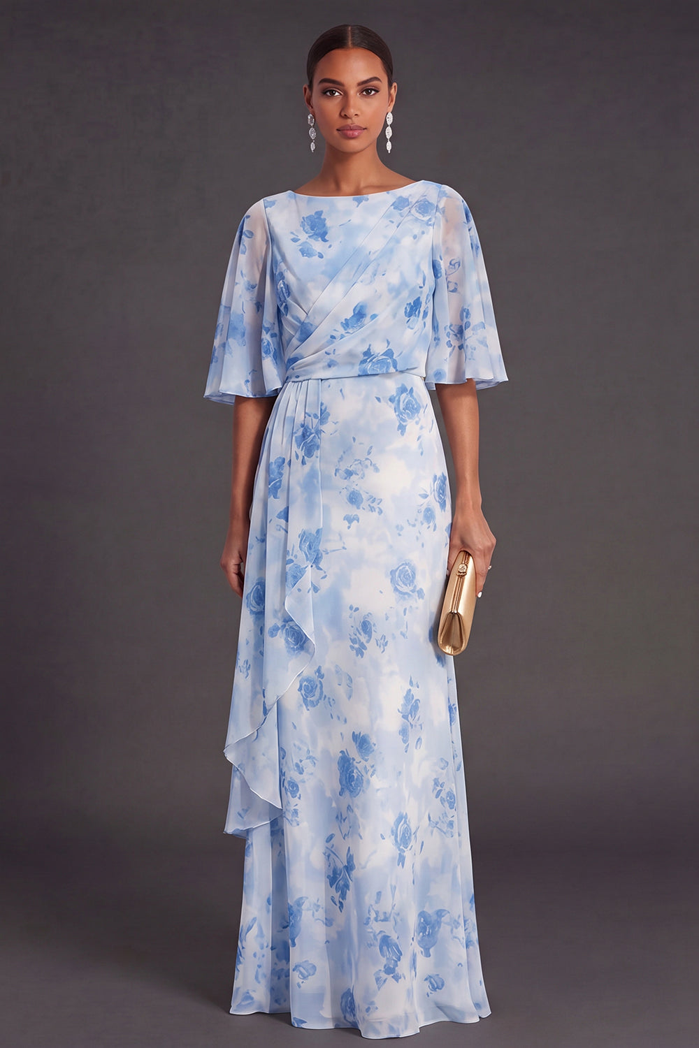 Light Blue A Line Floral Boat Neck Long Wedding Guest Dress with Ruffles