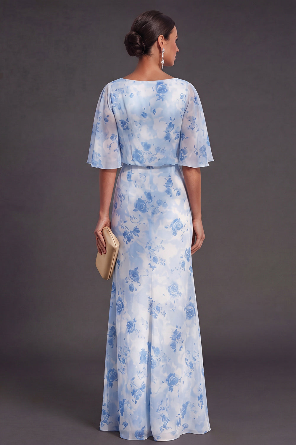 Light Blue A Line Floral Boat Neck Long Wedding Guest Dress with Ruffles