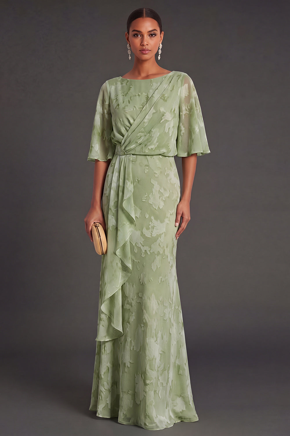 Sage Green Floral A Line Long Wedding Guest Dress with Ruffles