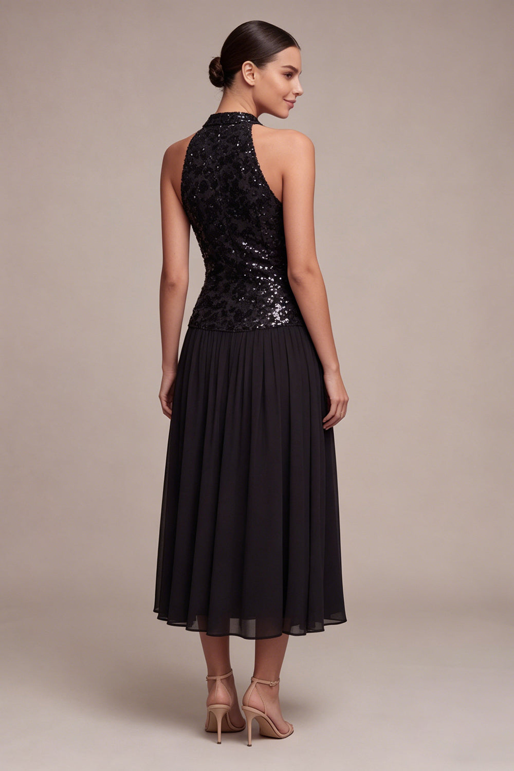 A Line Sparkly Black Halter Neck Long Black Tie Dress
