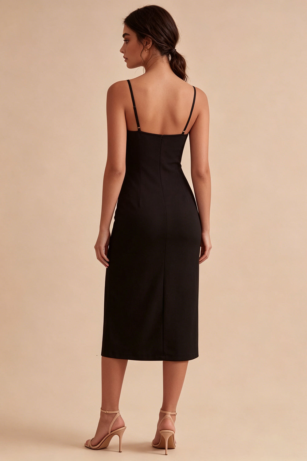 Black Sheath Spaghetti Straps Midi Cocktail Dress with Slit
