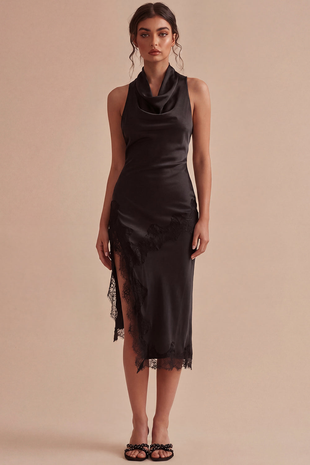 Halter Neck Black Satin Ruffled Midi Semi Formal Dress with Slit
