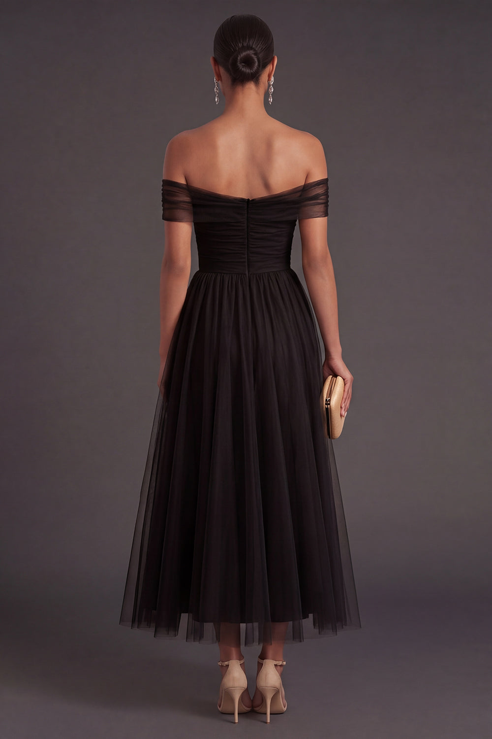 Off the Shoulder A Line Pleated Black Long Formal Dress