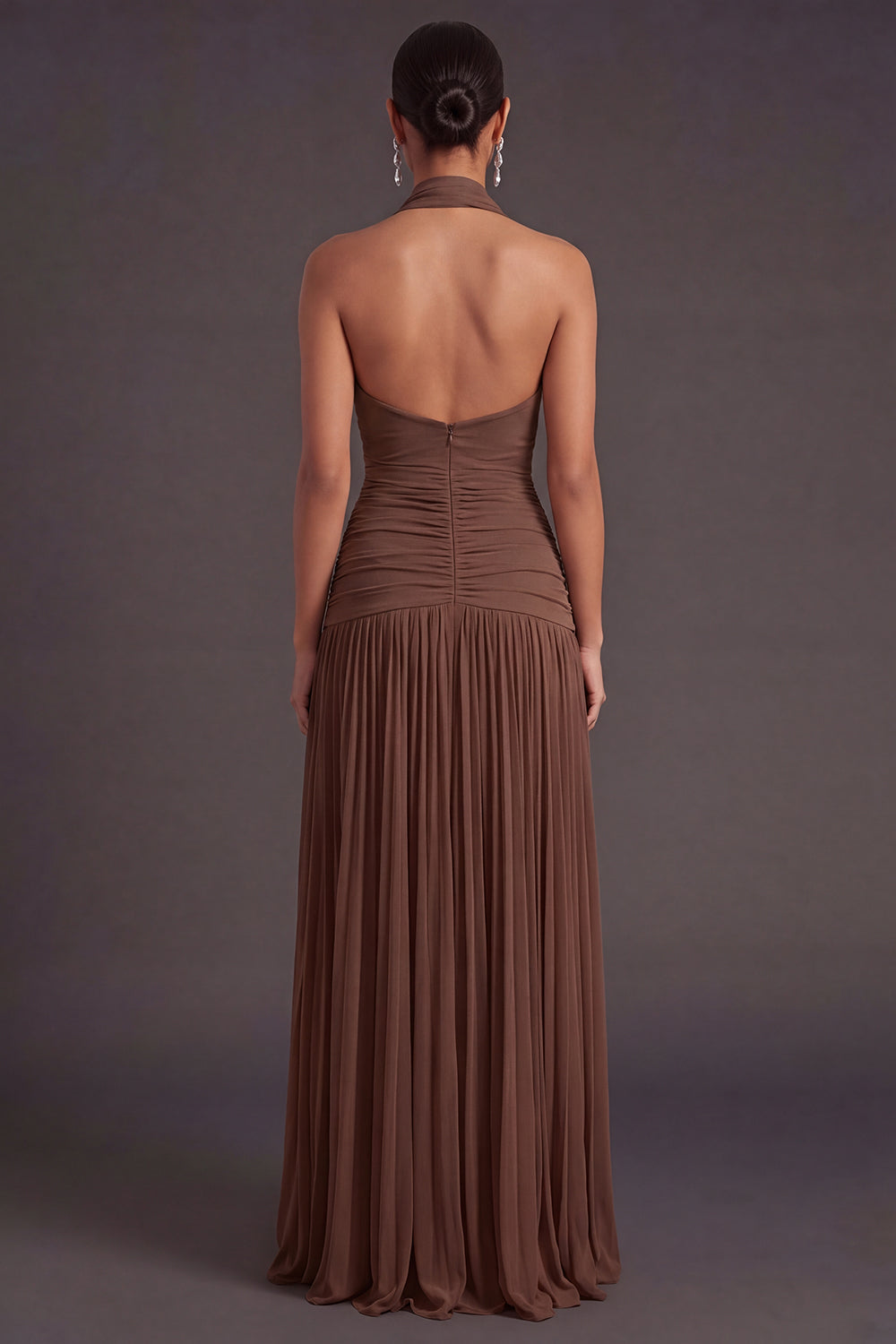 Dark Coffee Pleated A Line Halter Neck Long Formal Dress