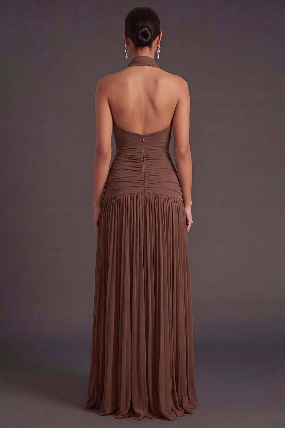 Dark Coffee Pleated A Line Halter Neck Long Formal Dress