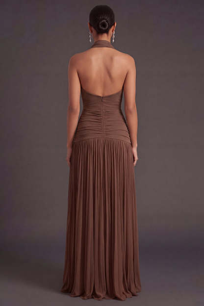 Dark Coffee Pleated A Line Halter Neck Long Formal Dress