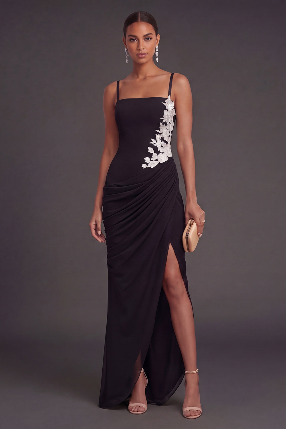 Floral Mermaid Ruched Appliqued Black Long Formal Dress with Slit