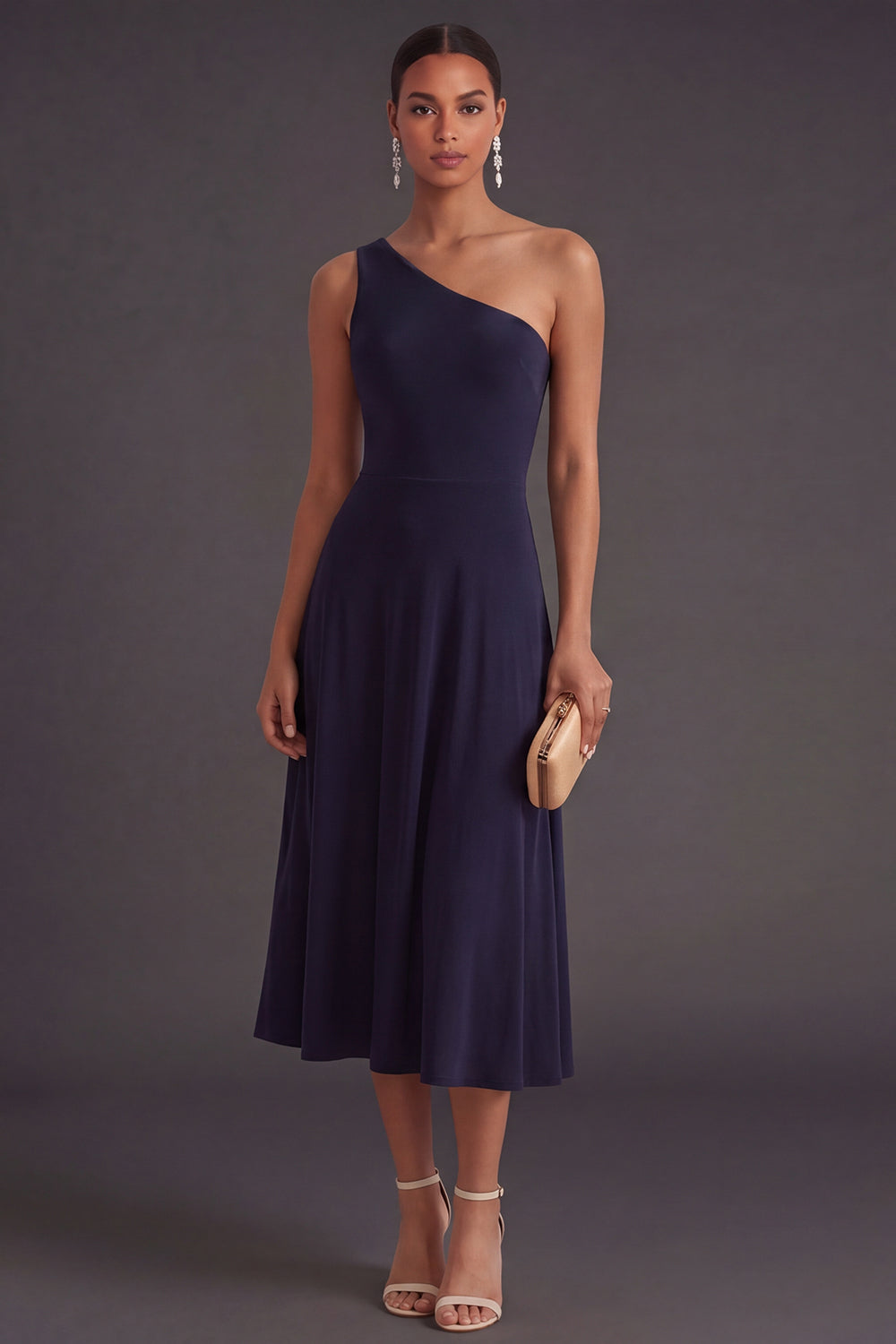 Navy A Line One Shoulder Midi Formal Dress